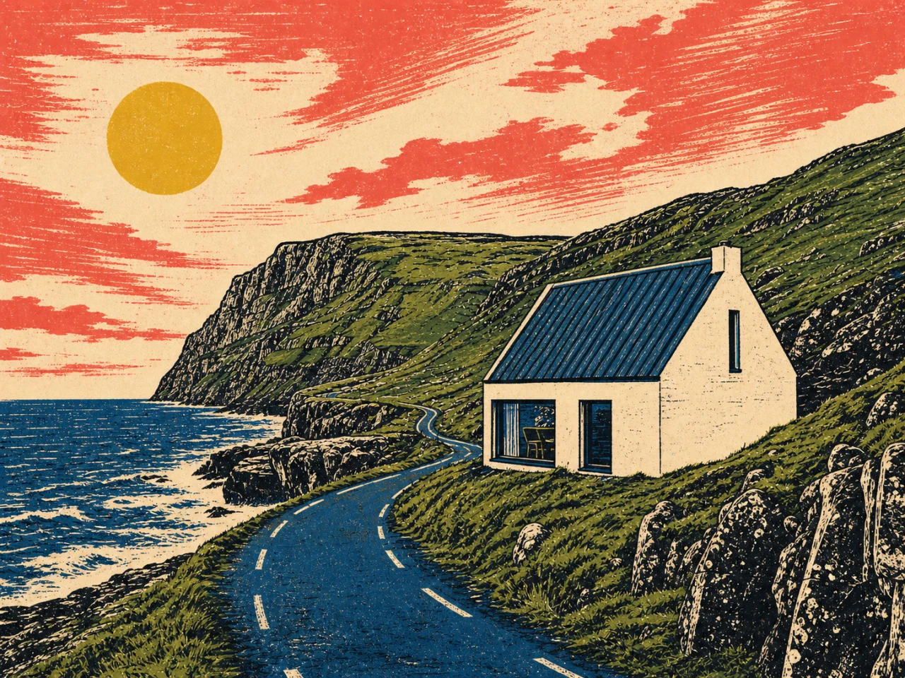 After: A coastal cabin photograph restyled as a colorful relief-print illustration